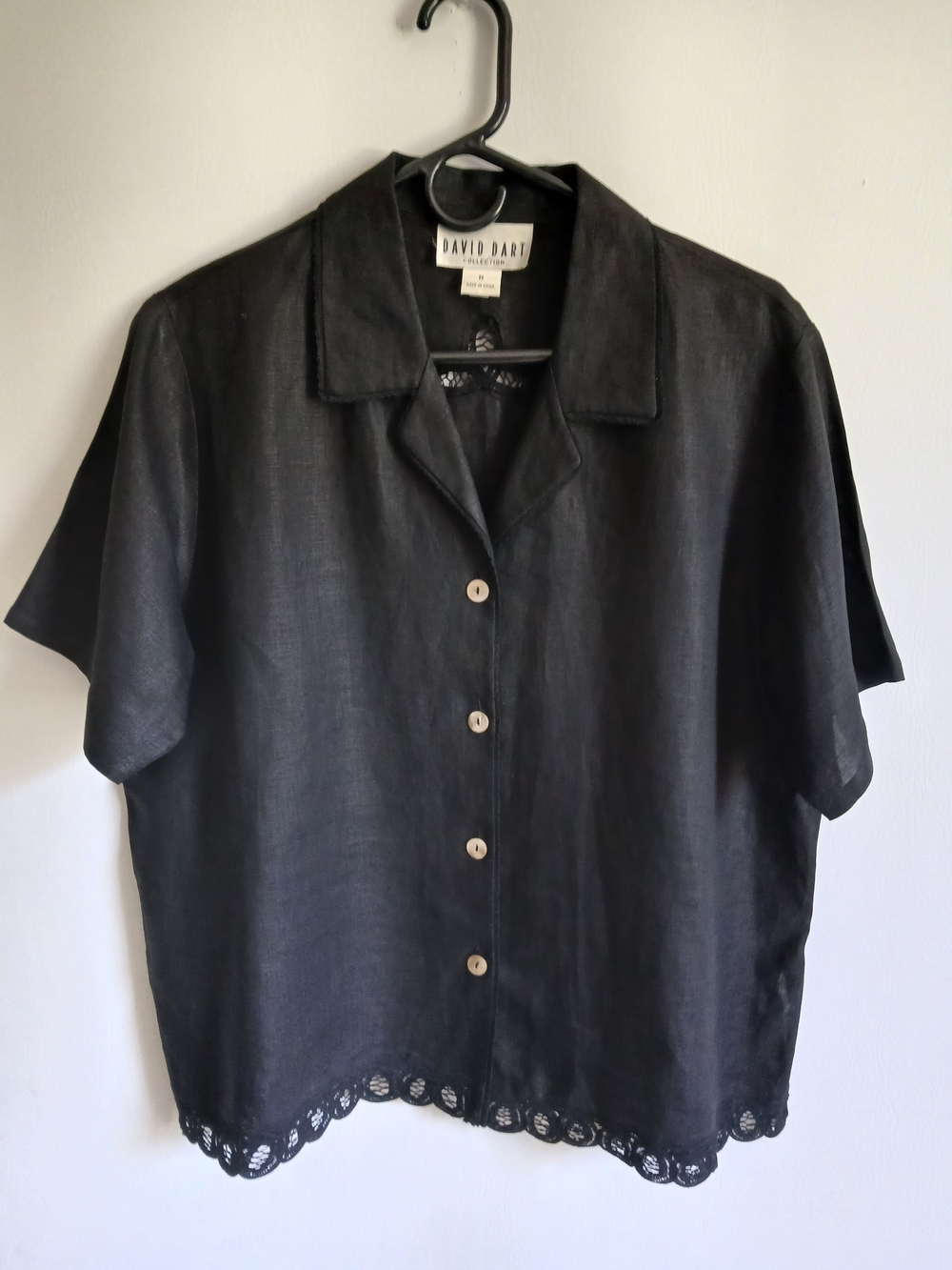 David Dart Black 100% Linen Short Sleeve Blouse Embroidered Trim SzM